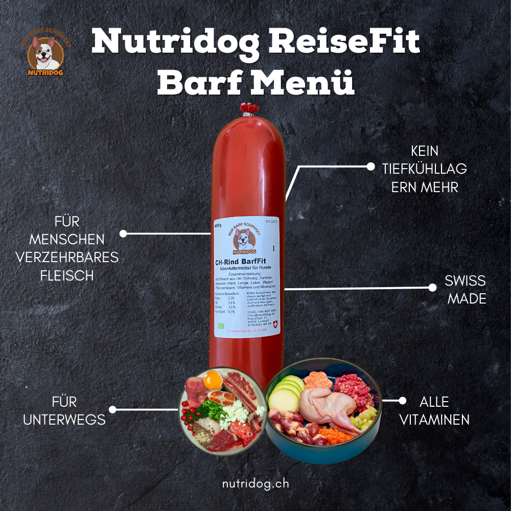 Nutridog ReiseFit Barf Menü - Sterilisiertes Rind, 400g – Keine Kühlung erforderlich