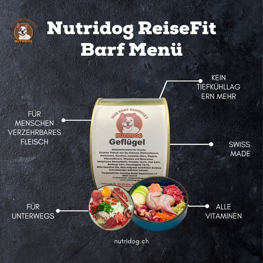 Nutridog ReiseFit Barf Menü - Sterilisiertes Geflügel, 400g – Keine Kühlung erforderlich